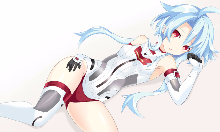1girl absurdres bare_shoulders blanc blue_hair breasts elbow_gloves gloves hand_on_hip highres kami_jigen_game_neptune_v leotard looking_at_viewer lying neptune_(series) on_side open_mouth power_symbol ramu-on@_shinon red_eyes short_hair_with_long_locks small_breasts symbol-shaped_pupils thigh-highs white_background white_heart