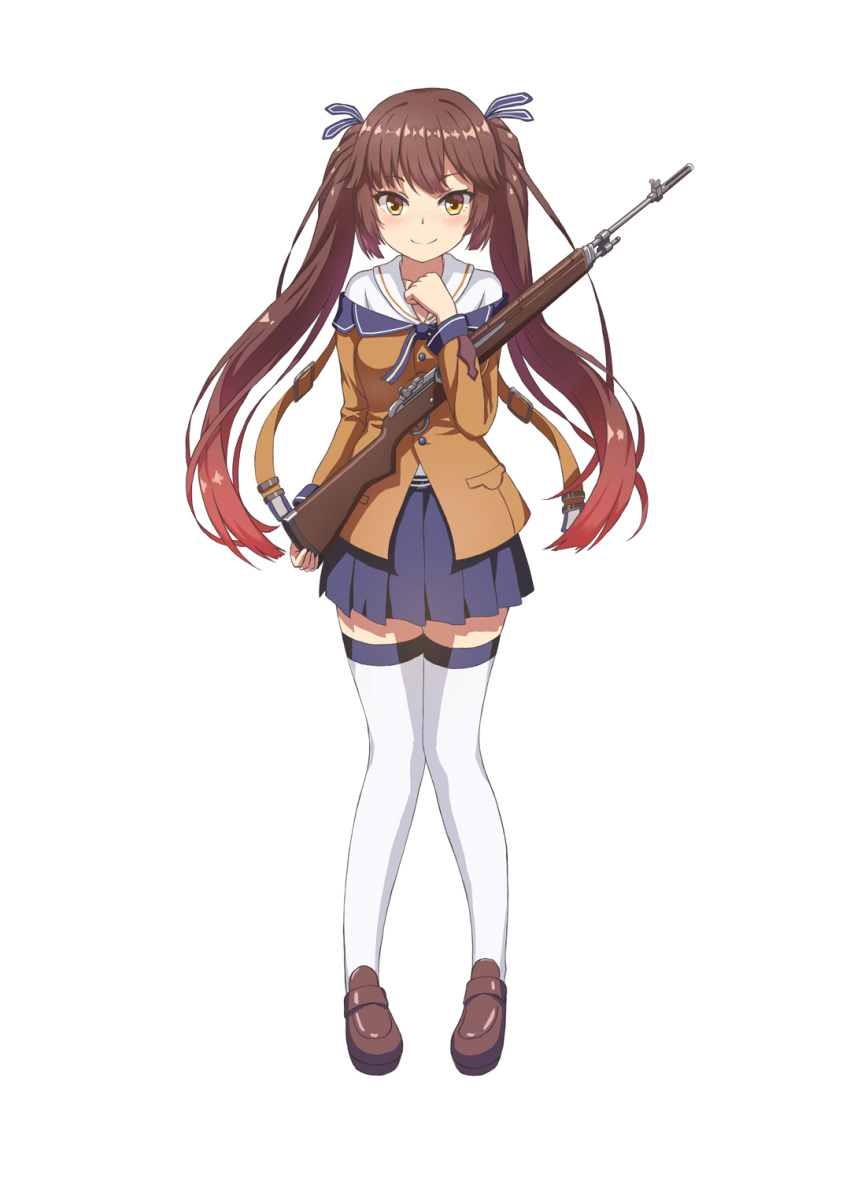 1girl blue_skirt blush brown_hair closed_mouth eyebrows_visible_through_hair full_body girls_frontline gun highres holding holding_gun holding_weapon kemo_(pokka) long_hair looking_at_viewer m14_(girls_frontline) multicolored_hair redhead skirt smile solo thigh-highs twintails two-tone_hair weapon white_legwear yellow_eyes