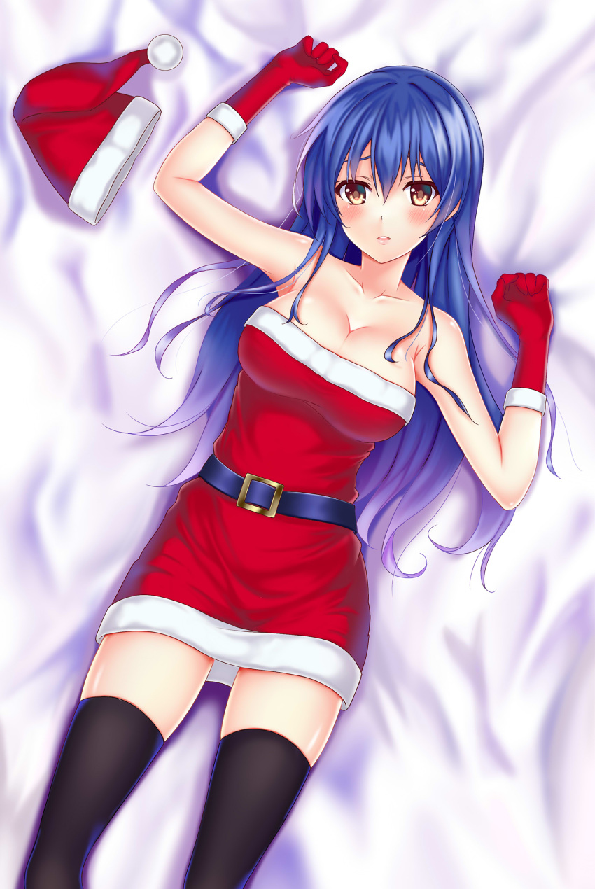 1girl bare_shoulders belt black_legwear blue_hair blush breasts brown_eyes christmas cleavage collarbone eyebrows faker_(pili524) gloves hat hat_removed headwear_removed highres large_breasts long_hair looking_at_viewer love_live! love_live!_school_idol_project lying on_back parted_lips red_gloves red_hat santa_costume santa_hat solo sonoda_umi thigh-highs