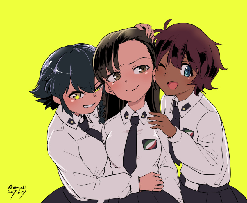 3girls ;d anzio_school_uniform aomushi_(mushamusha) artist_name asymmetrical_bangs bangs black_hair black_neckwear black_skirt blue_eyes braid brown_eyes brown_hair dark_skin dated dress_shirt emblem eyebrows_visible_through_hair face-to-face girls_und_panzer grin hand_on_another's_head hand_on_another's_shoulder hug long_hair long_sleeves looking_at_another looking_at_viewer multiple_girls necktie nishi_kinuyo no_hat no_headwear one_eye_closed open_mouth pepperoni_(girls_und_panzer) pleated_skirt school_uniform shirt short_hair side-by-side side_braid signature simple_background skirt smile standing suzuki_(girls_und_panzer) upper_body white_shirt yellow_background yellow_eyes