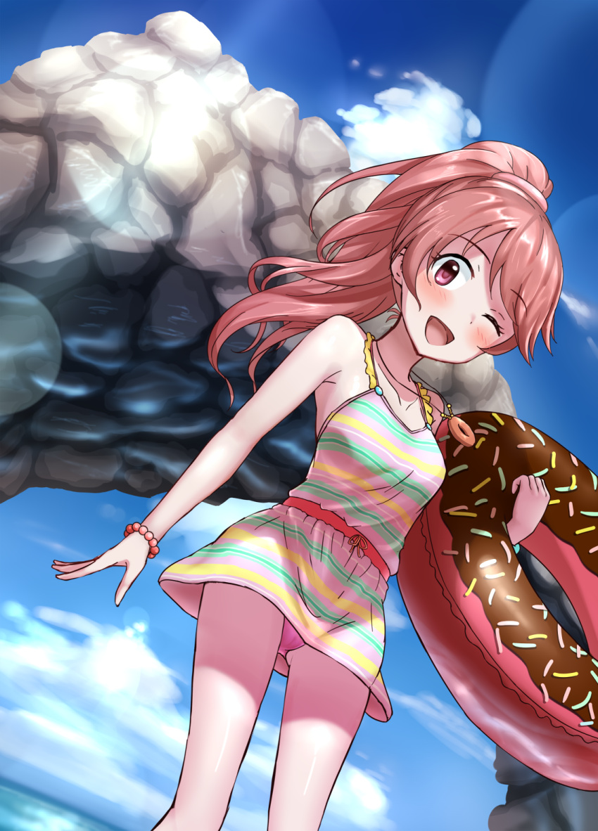 1girl artist_request bare_shoulders bead_bracelet beads blush bracelet collarbone highres idolmaster idolmaster_cinderella_girls inflatable_toy jewelry long_hair looking_at_viewer one_eye_closed open_mouth out_of_frame pink_eyes pink_hair pink_swimsuit ponytail shiina_noriko smile swimsuit tagme