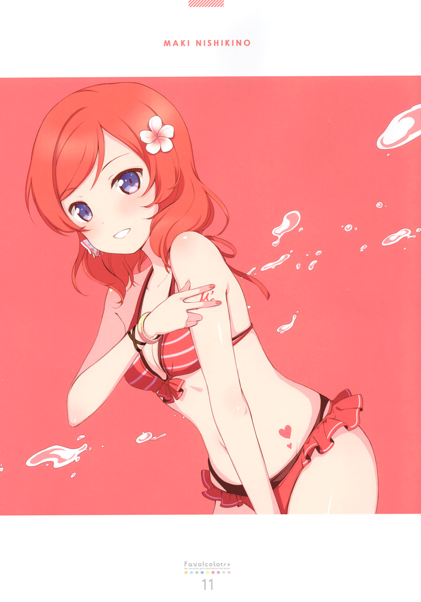 1girl 6u_(eternal_land) absurdres bikini blush breasts grin halterneck highres looking_at_viewer love_live! love_live!_school_idol_project medium_breasts nishikino_maki redhead short_hair simple_background smile solo splashing swimsuit v violet_eyes