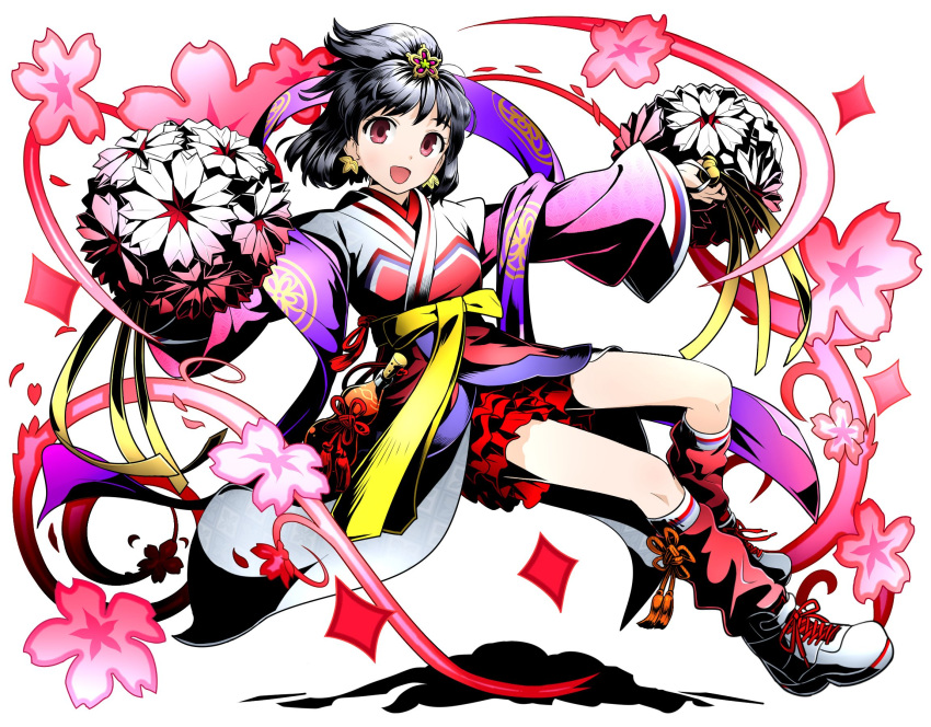 1girl :d divine_gate earrings full_body grey_hair hair_ornament highres holding japanese_clothes jewelry kimono kneehighs looking_at_viewer open_mouth outdoors pink_legwear red_eyes ribbon shadow short_hair simple_background smile solo ucmm white_background white_footwear yellow_ribbon