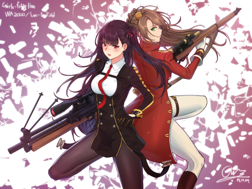 2692hd 2girls blush brown_hair bullpup character_name girls_frontline gloves green_eyes gun lee-enfield lee-enfield_(girls_frontline) long_hair looking_at_viewer multiple_girls necktie pantyhose purple_hair red_eyes rifle scope side_ponytail signature sniper_rifle wa2000_(girls_frontline) walther walther_wa_2000 weapon
