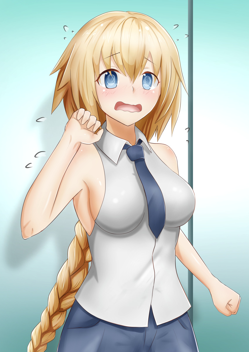 1girl @_@ absurdres aka_tomato_(user_saez2253) blonde_hair blush breasts clenched_hand eyebrows_visible_through_hair fate/apocrypha fate_(series) flying_sweatdrops hair_between_eyes highres large_breasts long_braid necktie ruler_(fate/apocrypha) sideboob solo uniform wavy_mouth