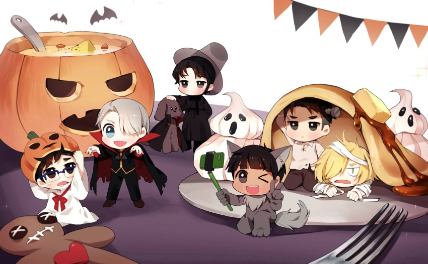 6+boys animal_costume bandage bat black_hair blonde_hair blue-framed_eyewear blue_eyes bolt brown_eyes cape cellphone fang food fork gingerbread_man glasses green_eyes grey_eyes hair_over_one_eye halloween hat jack-o'-lantern katsuki_yuuri korean_clothes korean_traditional_hat lee_seung-gil makkachin male_focus miniboy multiple_boys one_eye_closed one_knee open_mouth otabek_altin pancake phichit_chulanont phone pinkiepies2 self_shot selfie_stick silver_hair smartphone smile sparkle v viktor_nikiforov whipped_cream wolf_costume yuri!!!_on_ice yuri_plisetsky