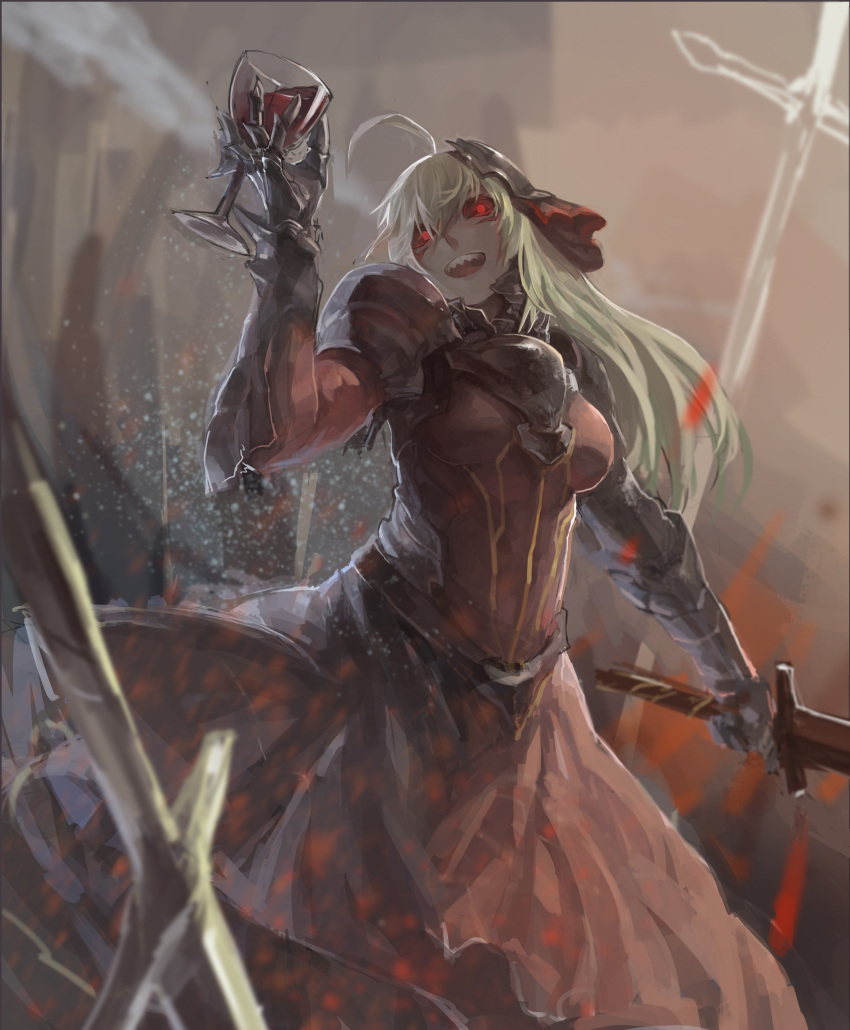 1girl :d absurdres ahoge alcohol armor avamone black_sclera blonde_hair cross cup drinking_glass facial_mark glowing glowing_eyes highres long_hair open_mouth original red_eyes sharp_teeth smile solo sword teeth weapon wine wine_glass