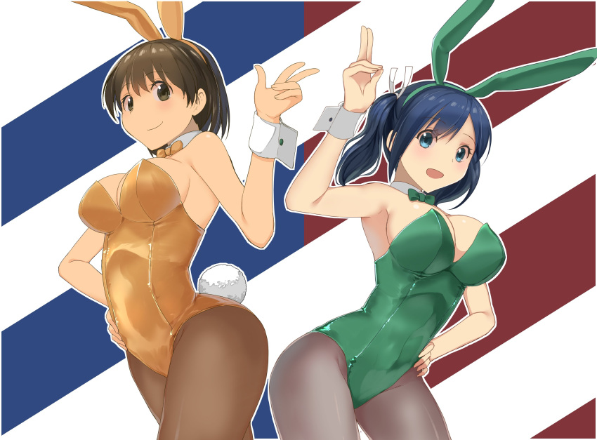 2girls animal_ears arm_up blue_eyes blue_hair bow bowtie breasts brown_eyes brown_hair brown_legwear cleavage contrapposto cowboy_shot detached_collar eyebrows_visible_through_hair fake_animal_ears green_leotard h hair_tie hairband hand_on_hip highres hiryuu_(kantai_collection) kantai_collection large_breasts leaning_forward leotard looking_at_viewer masukuza_j multiple_girls one_side_up pantyhose pink_background rabbit_ears short_hair simple_background smile souryuu_(kantai_collection) twintails wrist_cuffs yellow_leotard
