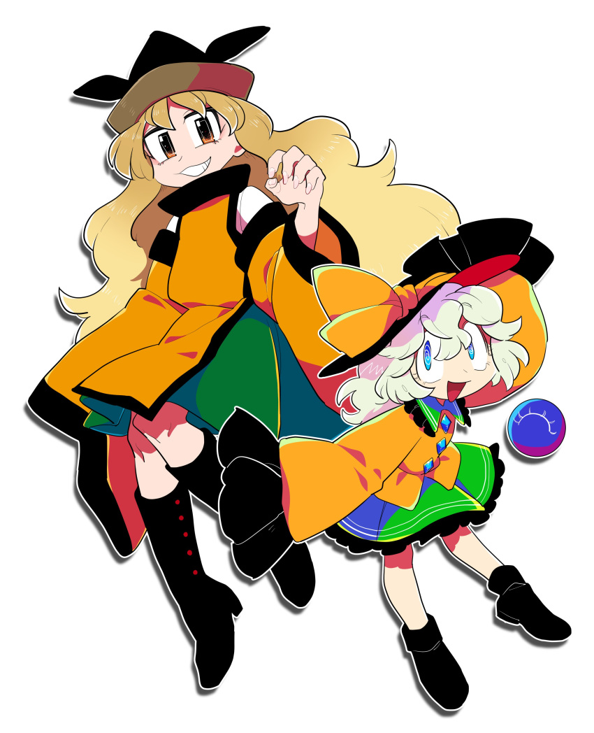 2girls @_@ absurdres black_eyes black_footwear black_hat blonde_hair blue_eyes bow commentary_request detached_sleeves frilled_sleeves frills furukawa_(yomawari) green_skirt grin hat hat_bow hat_ribbon highres komeiji_koishi long_hair looking_at_viewer matara_okina multiple_girls one_eye_closed open_mouth ribbon shirt skirt sleeves_past_wrists smile tabard third_eye touhou white_background white_hair wide_sleeves yellow_bow yellow_eyes yellow_ribbon yellow_shirt