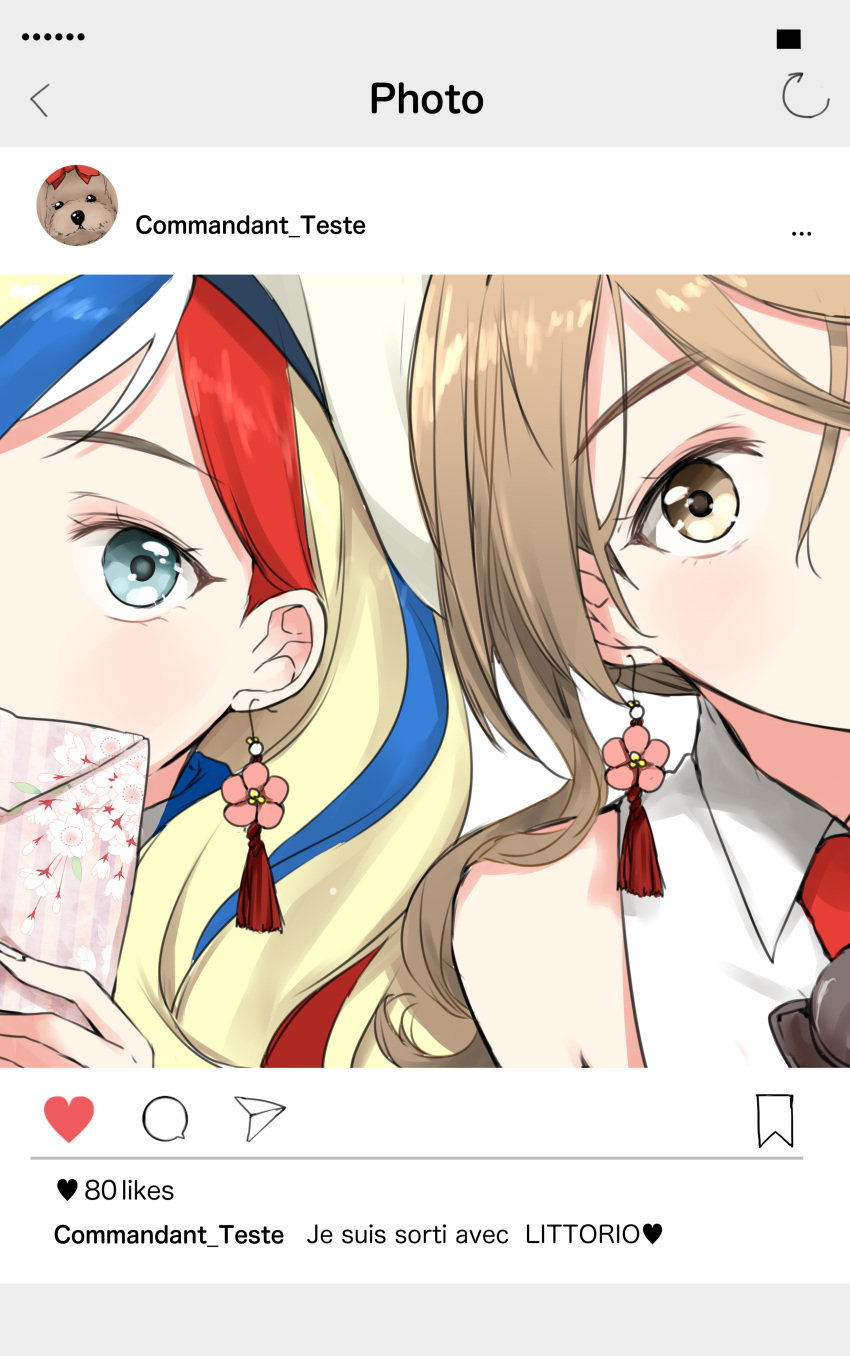 2girls absurdres aqua_eyes beret blonde_hair blue_hair brown_eyes brown_hair close-up commandant_teste_(kantai_collection) covered_mouth earrings floral_print flower_earrings french hat heart highres instagram jewelry kantai_collection littorio_(kantai_collection) morinaga_(harumori) mouth_out_of_frame multicolored_hair multiple_girls out_of_frame phone_screen redhead side-by-side streaked_hair translated