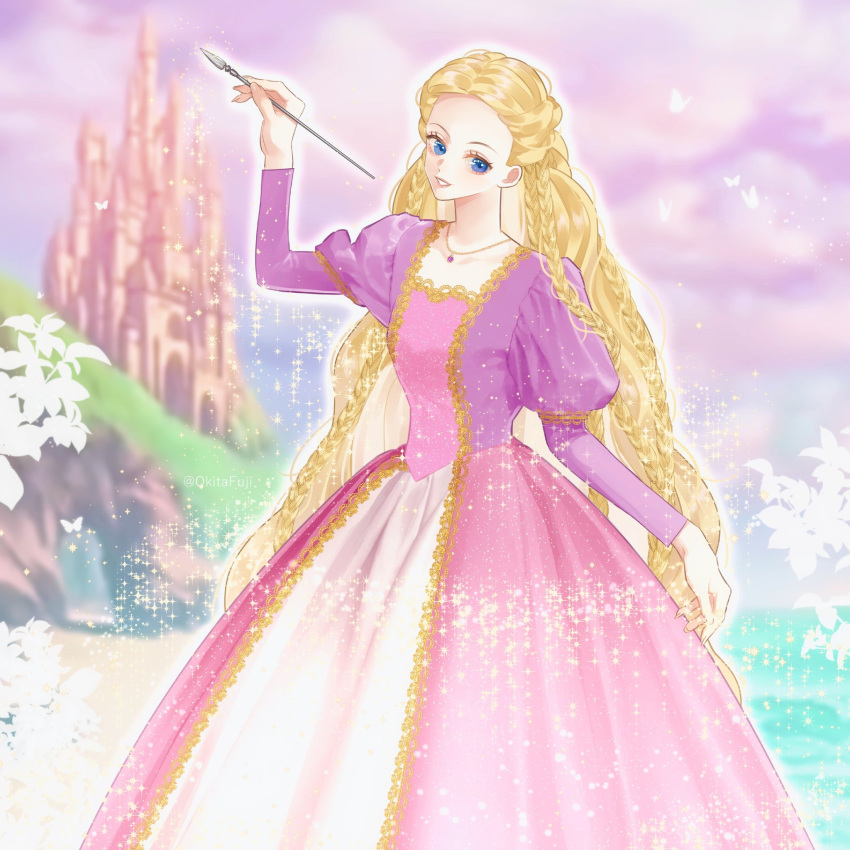 1girl absurdly_long_hair arm_up barbie_(character) barbie_(franchise) barbie_as_rapunzel barbie_movies beach blonde_hair blue_eyes braid bug building butterfly castle cliff clouds dress formal glowing gold_trim gown highres holding holding_paintbrush insect jewelry juliet_sleeves landscape long_dress long_hair long_sleeves magic medieval multicolored multicolored_clothes multicolored_dress multiple_braids necklace ocean okitafuji outdoors paintbrush pink_dress pink_skirt princess puffy_sleeves purple_dress purple_sky rapunzel_(barbie) rapunzel_(grimm) renaissance sand skirt sky smile solo sparkle square_neckline very_long_hair