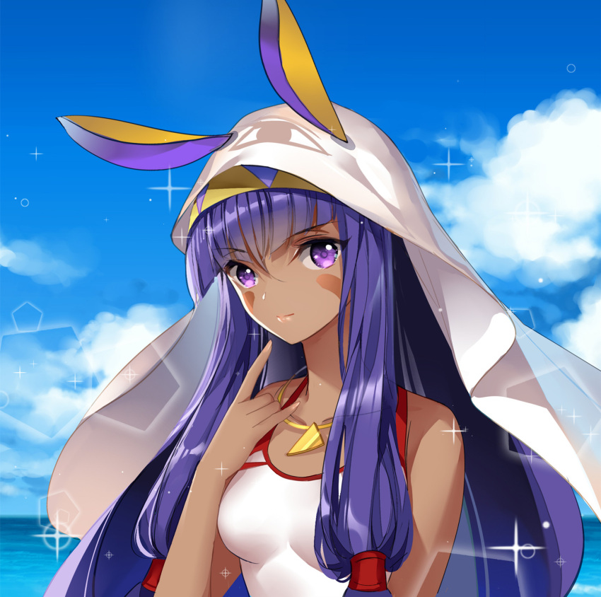 1girl animal_ears bare_arms bare_shoulders blanket blue_sky blush breasts closed_mouth clouds collarbone dark_skin day facepaint fate/grand_order fate_(series) gekka_nanako hair_tubes hairband highres jewelry lips long_hair looking_at_viewer medium_breasts necklace nitocris_(fate/grand_order) nitocris_(swimsuit_assassin)_(fate) one-piece_swimsuit pointing pointing_at_self purple_hair rabbit_ears sidelocks sky smile solo sparkle swimsuit two-tone_hairband underwear very_long_hair violet_eyes white_swimsuit