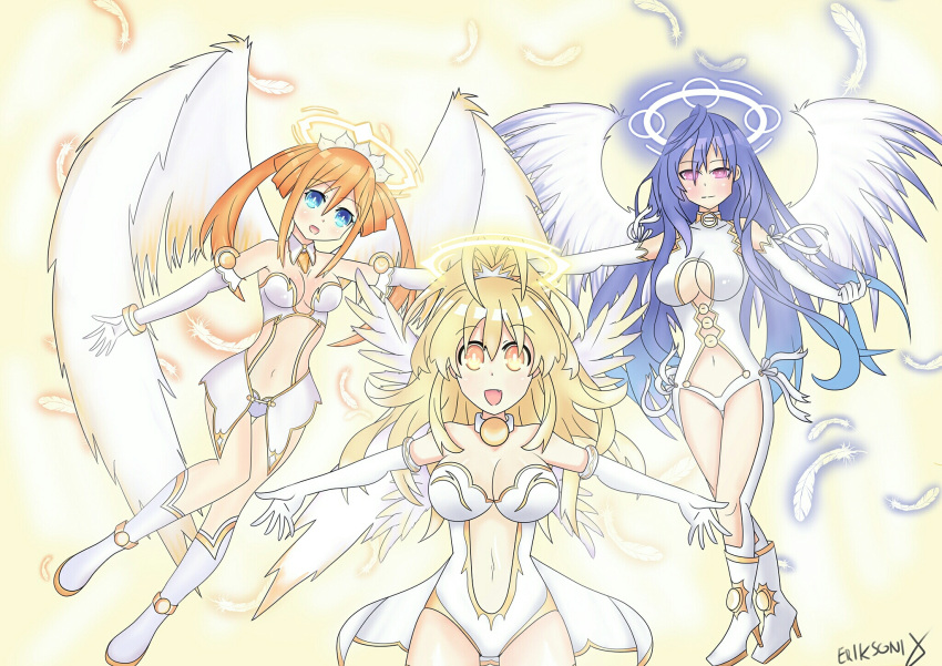 3girls :d artist_name bare_shoulders blonde_hair blue_eyes blue_hair boots breasts cleavage elbow_gloves fang feathered_wings feathers four_goddesses_online:_cyber_dimension_neptune gloves halo highres iris_heart large_breasts long_hair looking_at_viewer medium_breasts multiple_girls navel_cutout neptune_(series) open_mouth orange_hair orange_heart outstretched_arms power_symbol smile symbol-shaped_pupils thigh-highs thigh_boots twintails violet_eyes wings yellow_eyes yellow_heart