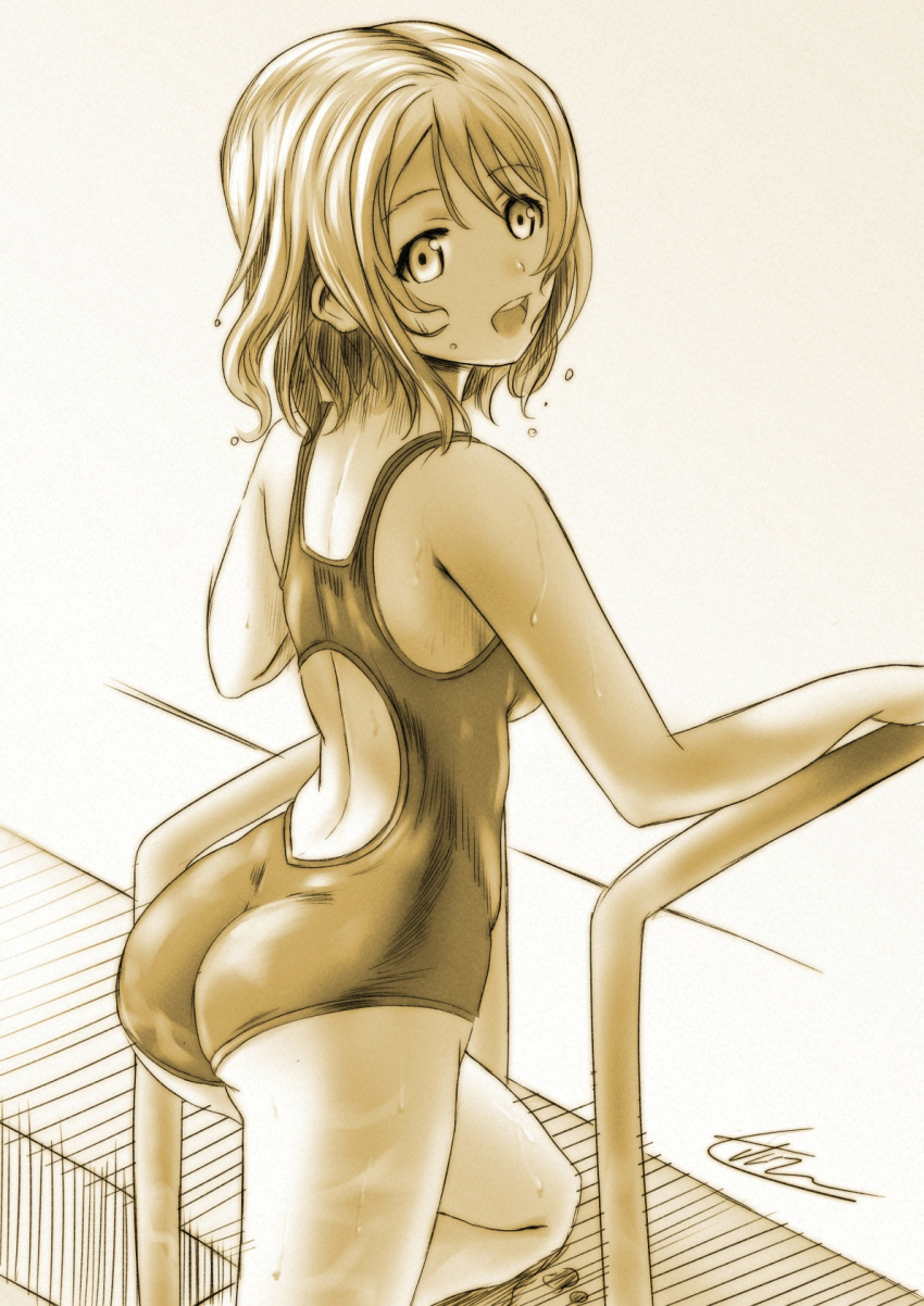 1girl :d ass back bangs bare_arms bare_shoulders competition_swimsuit eyebrows_visible_through_hair from_behind highres keane912 looking_back love_live! love_live!_sunshine!! monochrome one-piece_swimsuit open_mouth pool_ladder poolside round_teeth short_hair signature smile solo swept_bangs swimsuit tareme teeth thighs traditional_media watanabe_you water_drop wet yellow
