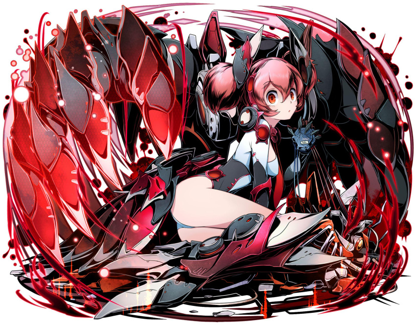 1girl armor armored_boots boots breasts divine_gate eyebrows_visible_through_hair hair_between_eyes highres leotard long_hair looking_at_viewer medium_breasts parted_lips red_eyes redhead sideboob simple_background solo twintails ucmm white_background