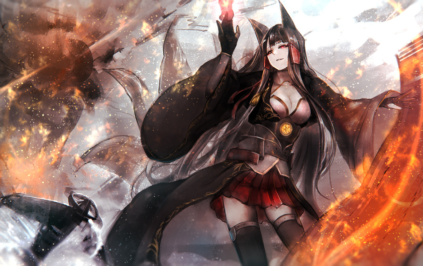 1girl action aircraft airplane akagi_(azur_lane) animal_ears arm_up artist_request azur_lane bangs black_gloves black_hair black_legwear breasts calligraphy_brush_(medium) cleavage collarbone fire fox_ears fox_tail gloves highres kikumon long_hair long_sleeves magic multiple_tails outstretched_arm pleated_skirt red_eyes skirt smile smirk smoke solo tail tassel thigh-highs very_long_hair water zettai_ryouiki