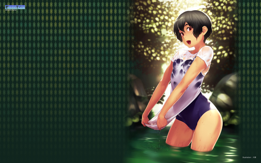 1girl :d artist_name bangs black_hair blue_swimsuit breasts copyright_name day game-style hair_between_eyes highres looking_at_viewer one-piece_swimsuit oohara_kyuutarou open_mouth outdoors pond red_eyes school_swimsuit see-through shirt short_hair short_sleeves small_breasts smile solo swimsuit thighs wading wallpaper water watermark wet wet_clothes wet_shirt