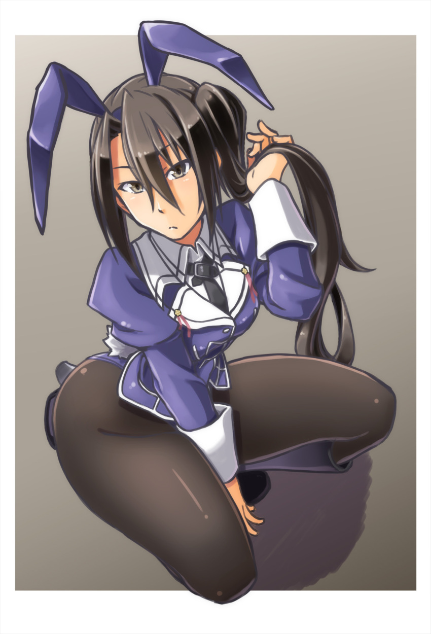 1girl absurdly_long_hair adapted_costume alto-00 animal_ears black_hair black_legwear boots breasts brown_eyes bunny_tail bunnysuit fake_animal_ears frown gloves highres jacket kantai_collection leotard long_hair long_sleeves nachi_(kantai_collection) necktie pantyhose purple_leotard rabbit_ears remodel_(kantai_collection) side_ponytail solo squatting tail very_long_hair white_gloves