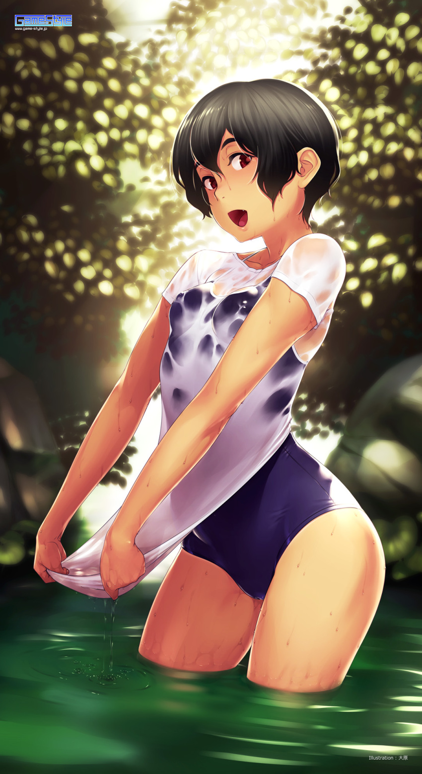 1girl :d artist_name bangs black_hair blue_swimsuit breasts copyright_name day game-style hair_between_eyes highres looking_at_viewer one-piece_swimsuit oohara_kyuutarou open_mouth outdoors phone_wallpaper pond red_eyes school_swimsuit see-through shirt short_hair short_sleeves small_breasts smile solo swimsuit thighs wading wallpaper water watermark wet wet_clothes wet_shirt