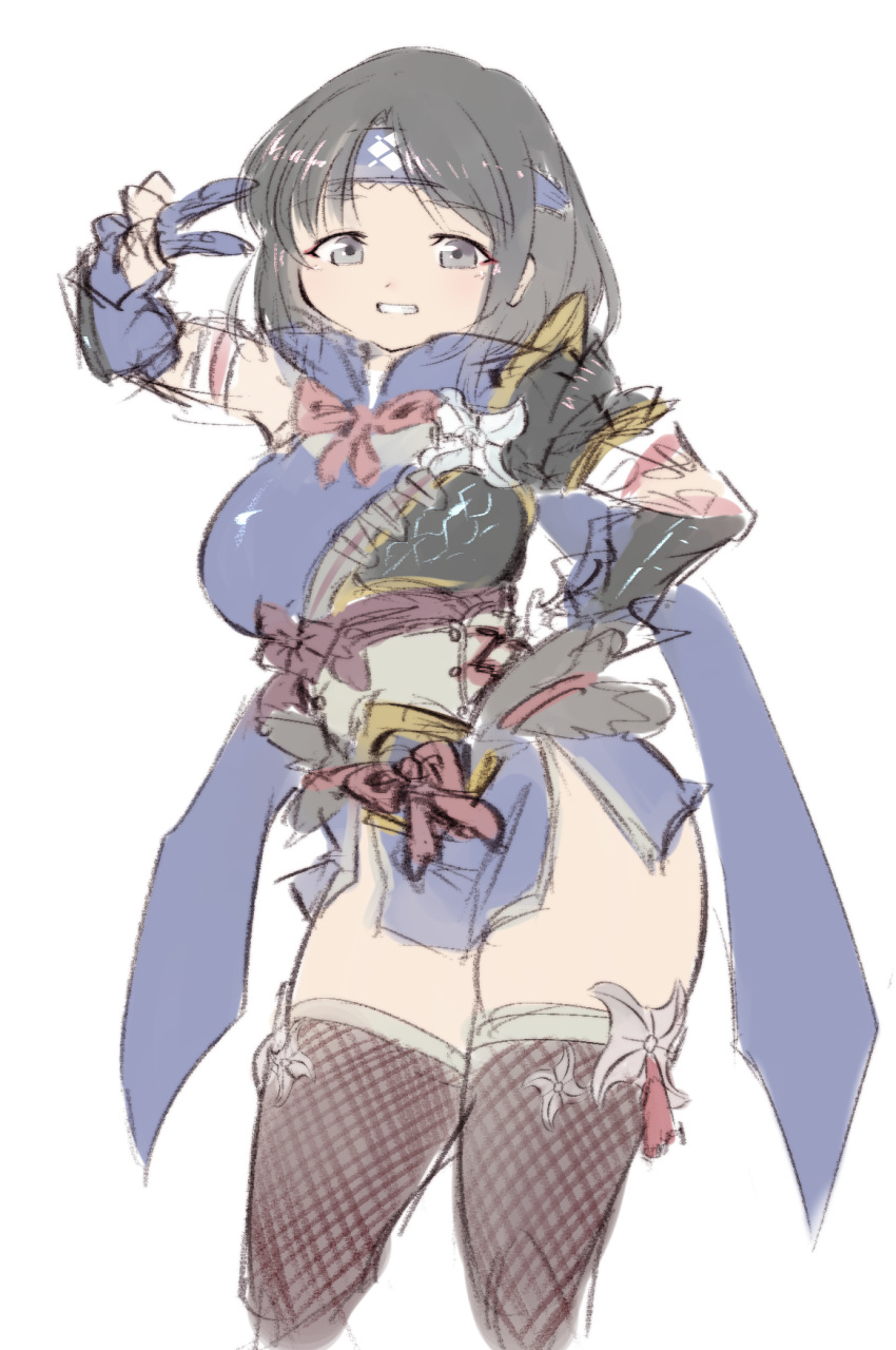 1girl armor black_hair breasts gloves headband highres japanese_clothes kamura_(armor) large_breasts monster_hunter_(series) monster_hunter_rise pauldrons short_hair shoulder_armor simple_background sketch thigh-highs white_background yazawa_owl