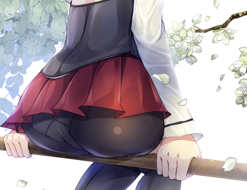1girl ass bike_shorts black_legwear commentary_request head_out_of_frame in_tree kantai_collection kobayashi_chisato long_sleeves panties_under_shorts petals pleated_skirt red_skirt sitting sitting_in_tree skirt solo taihou_(kantai_collection) thigh-highs tree white_background