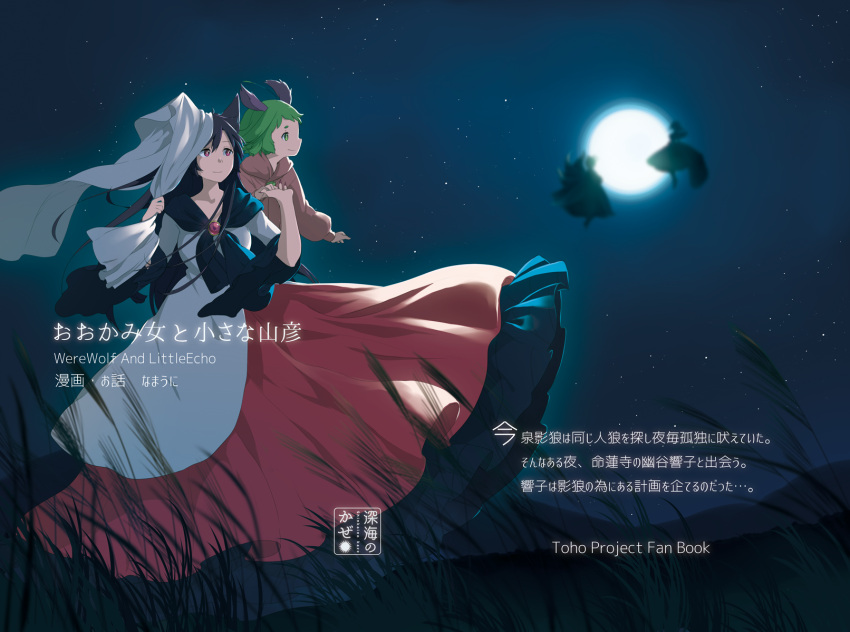 4girls animal_ears backlighting bangs breasts brooch brown_hair cover dog_ears dress dress_lift english floating fox_tail full_moon futatsuiwa_mamizou grass green_eyes green_hair hair_between_eyes height_difference highres imaizumi_kagerou jewelry kasodani_kyouko lavender_dress long_sleeves looking_afar moon moonlight multicolored multicolored_clothes multicolored_dress multiple_girls multiple_tails namauni night night_sky pink_dress raccoon_tail red_dress red_eyes shawl short_hair silhouette sky smile star star_(sky) tail title touching touhou wide_sleeves wind wolf_ears yakumo_ran