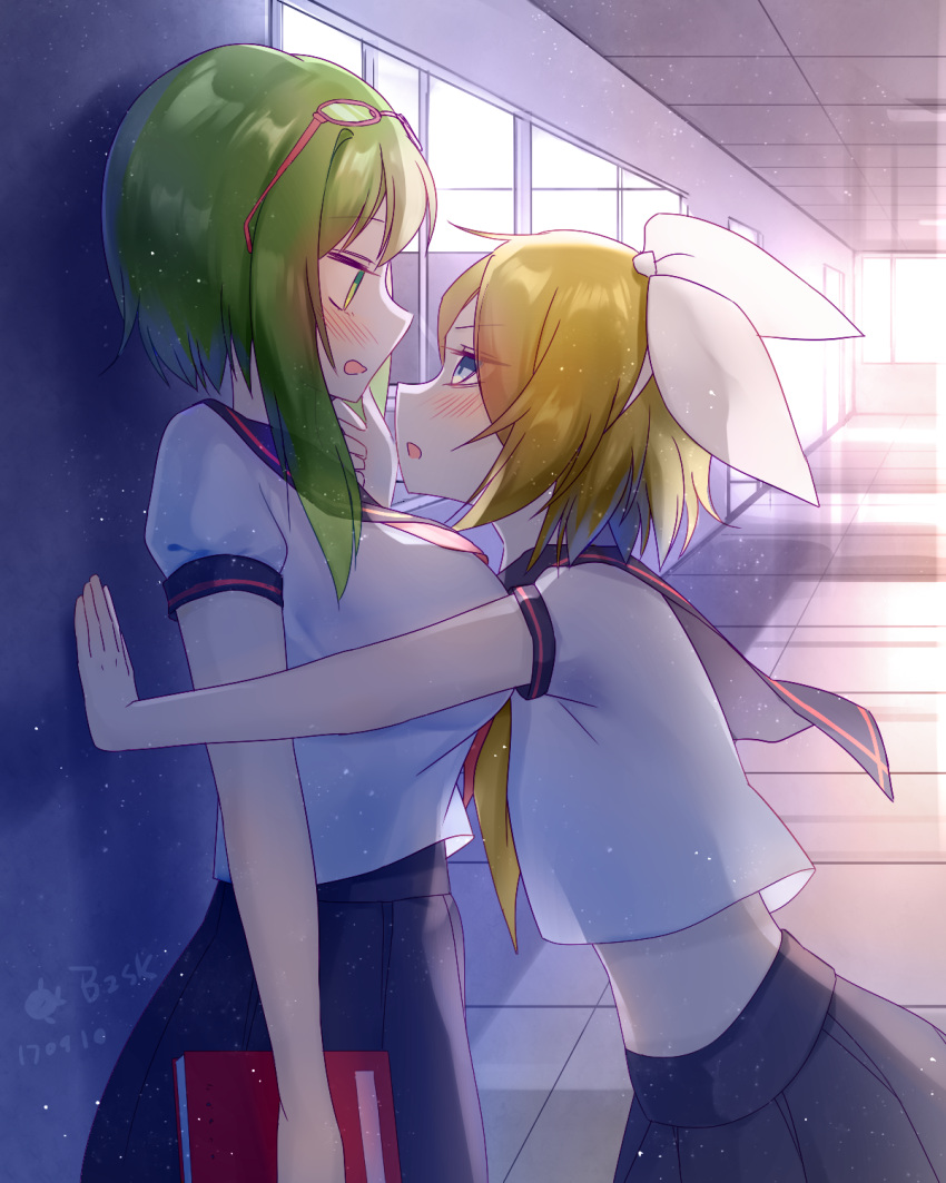 &gt;:o 2girls :o against_wall alternate_costume artist_name backlighting baozishark blonde_hair blue_eyes blue_skirt blush book breasts commentary_request dated eyewear_on_head from_side glasses green_eyes green_hair gumi hair_ribbon half-closed_eye hallway hand_on_another's_chin height_difference highres holding holding_book indoors kagamine_rin large_breasts leaning_forward multiple_girls open_mouth pink-framed_eyewear profile ribbon school school_uniform serafuku shirt short_hair short_sleeves sidelocks skirt upper_body vocaloid wall_slam white_ribbon white_shirt yuri