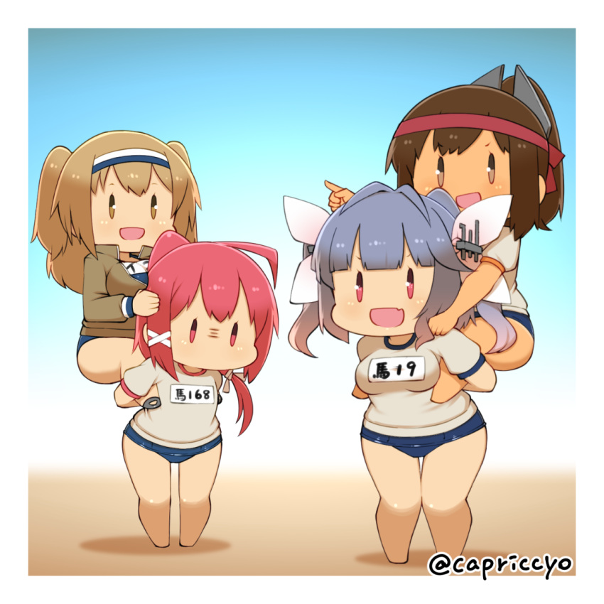4girls :d alternate_costume barefoot blue_hair breasts brown_eyes brown_hair capriccyo commentary_request fang gym_shirt gym_uniform hair_ribbon hairband highres i-168_(kantai_collection) i-19_(kantai_collection) i-26_(kantai_collection) i-401_(kantai_collection) kantai_collection large_breasts light_brown_eyes light_brown_hair long_hair multiple_girls name_tag new_school_swimsuit no_mouth old_school_swimsuit open_mouth piggyback pink_hair pointing ponytail red_eyes ribbon sailor_collar sandals school_swimsuit shirt short_sleeves smile swimsuit swimsuit_under_clothes tan tri_tails two-tone_hairband two_side_up underwear