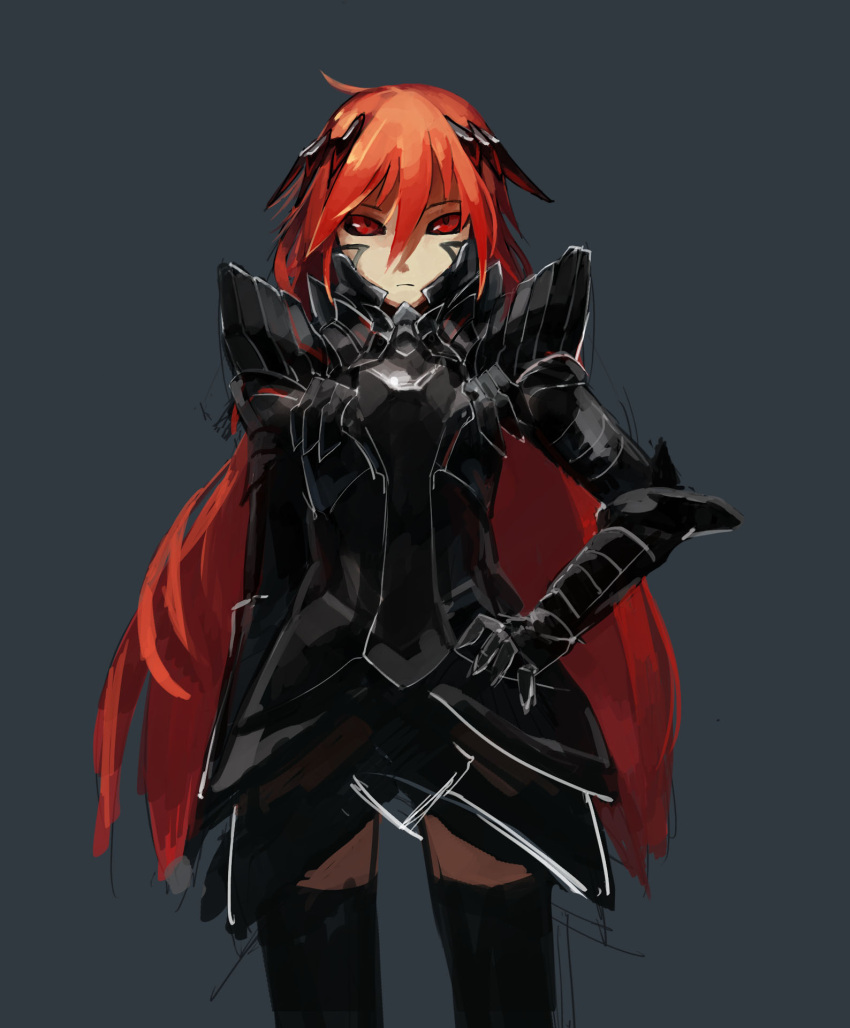 1girl armor avamone black_sclera expressionless facial_mark highres long_hair original red_eyes redhead simple_background thigh-highs