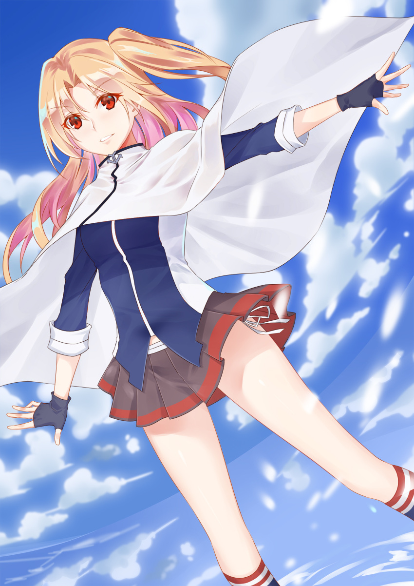 1girl 5plus azur_lane blonde_hair capelet cleveland_(azur_lane) clouds day fingerless_gloves gloves highres long_hair looking_at_viewer miniskirt one_side_up outdoors panties parted_lips pleated_skirt red_eyes side-tie_panties skirt sky sleeves_rolled_up solo tube_socks underwear