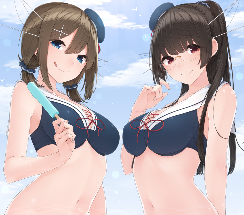 2girls adapted_costume alternate_hairstyle beret black_hair blue_eyes breasts brown_hair choukai_(kantai_collection) cleavage commentary_request food front-tie_top glasses hair_between_eyes hair_ornament hairclip hat highres holding holding_food kantai_collection long_hair looking_at_viewer maya_(kantai_collection) medium_breasts midriff multiple_girls navel pleated_skirt ponytail popsicle red_eyes sailor_bikini_top scrunchie short_hair skirt smile tongue tongue_out white_skirt x_hair_ornament yukichi_(sukiyaki39)