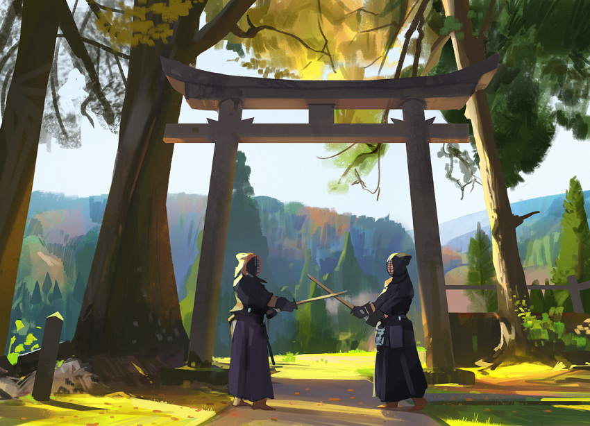 barefoot blurry bougu depth_of_field fighting_stance hakama japanese_clothes kendo mountain original outdoors shinai sketch snatti sword torii tree weapon