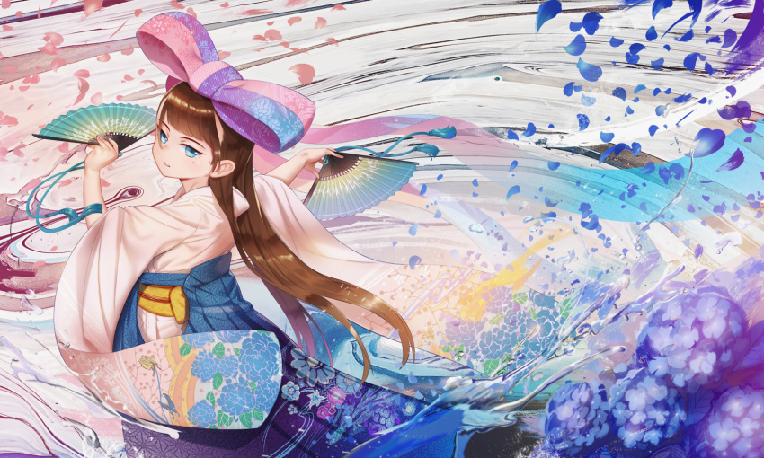1girl anne_(wixoss) bangs blue_eyes blunt_bangs blush bow brown_hair commentary_request fan floral_print flower folding_fan from_behind hair_bow highres holding holding_fan japanese_clothes kimono long_hair looking_at_viewer looking_back mole mole_under_eye open_mouth paper_fan parted_lips petals pink_kimono sash shamonabe_(pypyworks) shiny shiny_hair solo standing very_long_hair water wide_sleeves wixoss