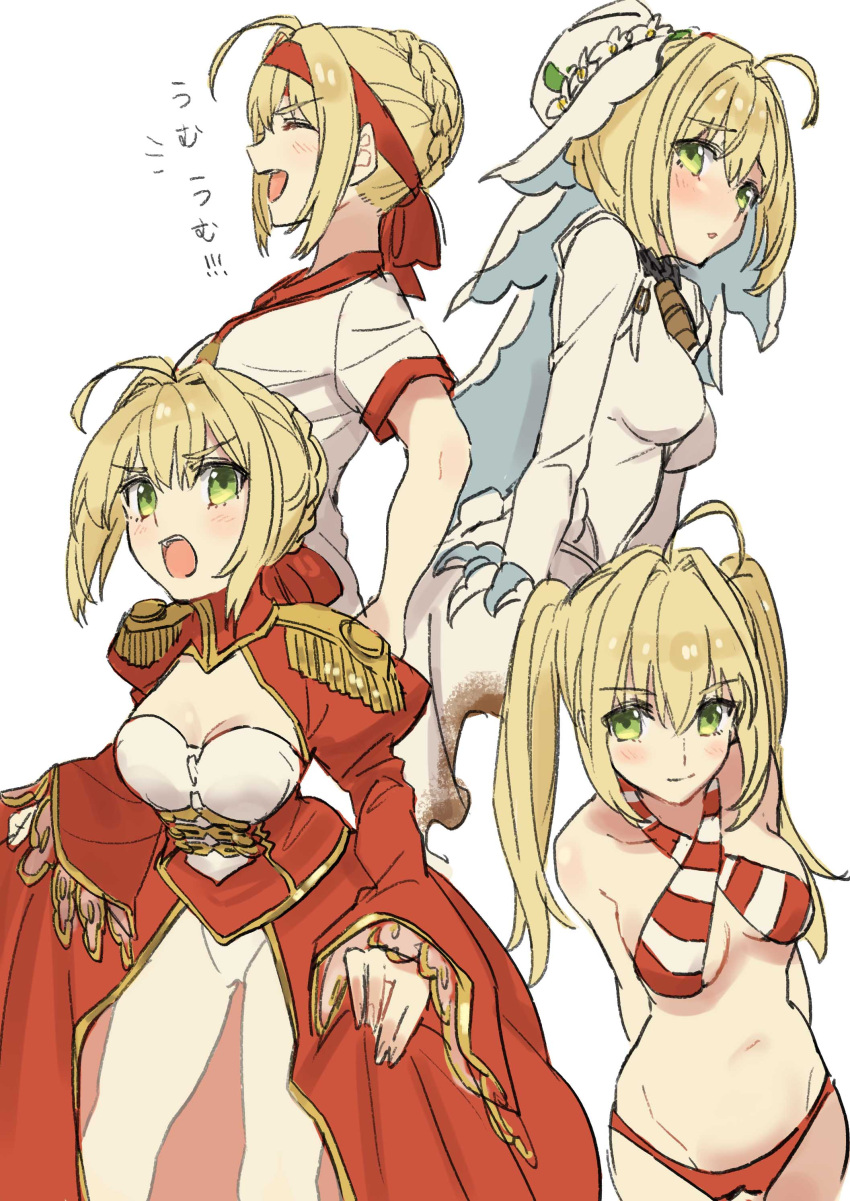 1girl absurdres ahoge arms_behind_back bangs bare_shoulders bikini blonde_hair blush braid breasts bridal_veil chain_necklace cleavage_cutout closed_eyes collarbone commentary_request dress epaulettes eyebrows_visible_through_hair fate/extra fate/extra_ccc fate/grand_order fate_(series) french_braid green_eyes gym_shirt hair_bun hair_intakes hair_ribbon hairband halterneck hands_on_hips highres hips juliet_sleeves large_breasts laughing leotard lock long_hair long_sleeves looking_at_viewer looking_to_the_side medal multiple_persona navel nero_claudius_(swimsuit_caster)_(fate) open_mouth puffy_sleeves red_bikini red_dress red_hairband red_ribbon ribbon saber_bride saber_extra see-through shirt skirt skirt_lift smile striped striped_bikini swimsuit teshima_nari thighs twintails veil waist white_dress white_leotard wide_sleeves