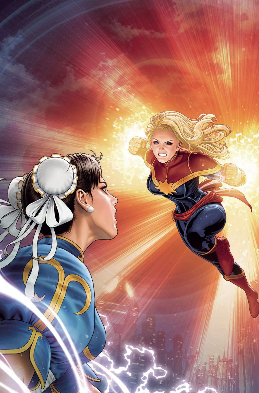 2girls absurdres blonde_hair capcom captain_marvel carol_danvers chun-li highres marvel marvel_vs._capcom mori_toshiaki multiple_girls street_fighter