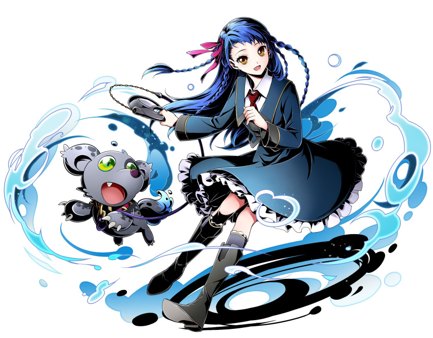1girl :d black_footwear black_legwear blue_dress blue_hair boots braid brown_eyes divine_gate dress floating_hair frilled_dress frills full_body hair_ribbon highres holding knee_boots kneehighs long_hair looking_at_viewer open_mouth red_necktie red_ribbon ribbon shadow simple_background smile solo ucmm very_long_hair white_background