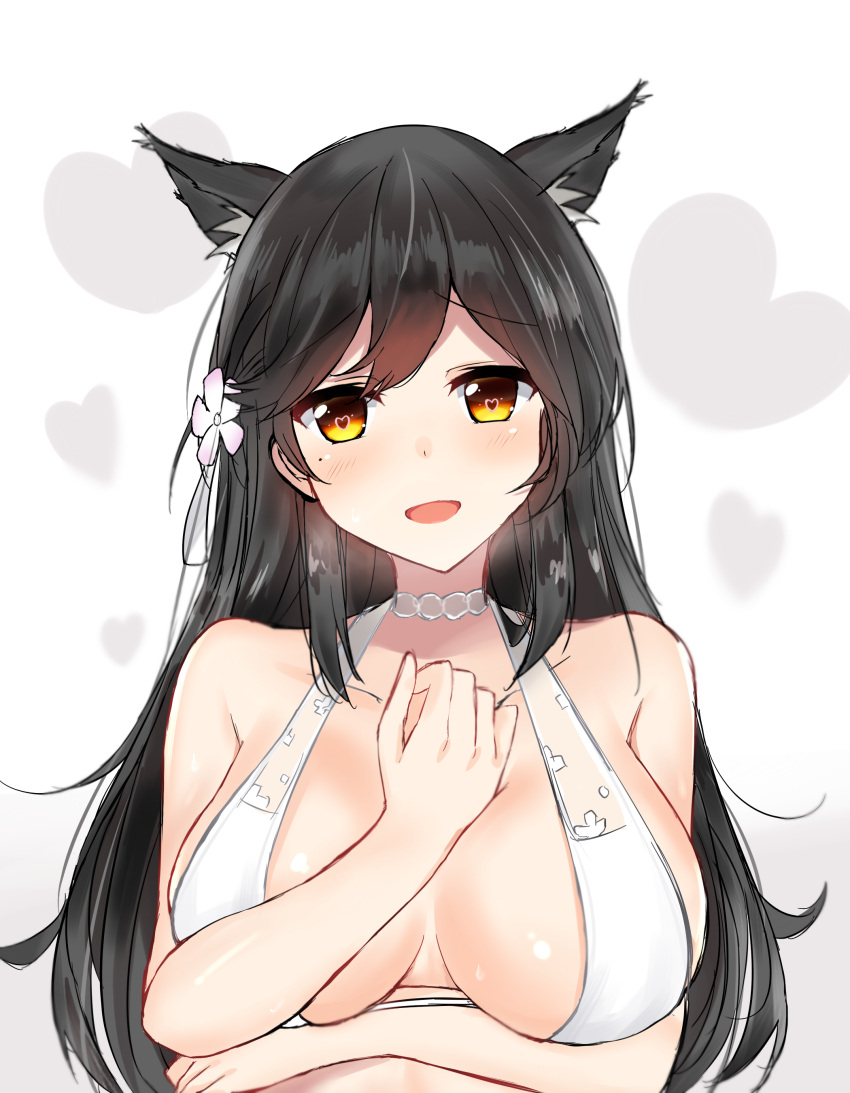 1girl :d absurdres animal_ears atago_(azur_lane) azur_lane bare_arms bare_shoulders between_breasts bikini_top blush breasts brown_hair choker commentary_request flower hair_flower hair_ornament halterneck hand_between_breasts hand_on_own_chest heart heart-shaped_pupils heart_background highres kurigura_(sketch_san) large_breasts long_hair mole mole_under_eye open_mouth shiny shiny_skin smile solo swimsuit symbol-shaped_pupils upper_body white_bikini_top white_neckwear yellow_eyes