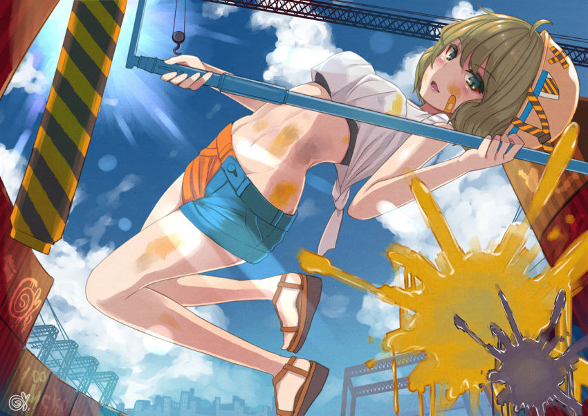 1girl :d ahoge bandaid bandaid_on_face bangs bare_legs black_bra blue_sky bodypaint bra bra_peek breasts commentary_request container cosmo_(bousoup) crane crop_top crop_top_overhang day eyebrows_visible_through_hair facepaint green_eyes green_hair gumi helmet holding jumping looking_at_viewer medium_breasts midair navel no_legwear no_socks open_mouth outdoors paint_roller sandals shirt short_hair signature sky sleeveless sleeveless_shirt smile solo splatter stomach sun tied_shirt underwear vocaloid white_shirt