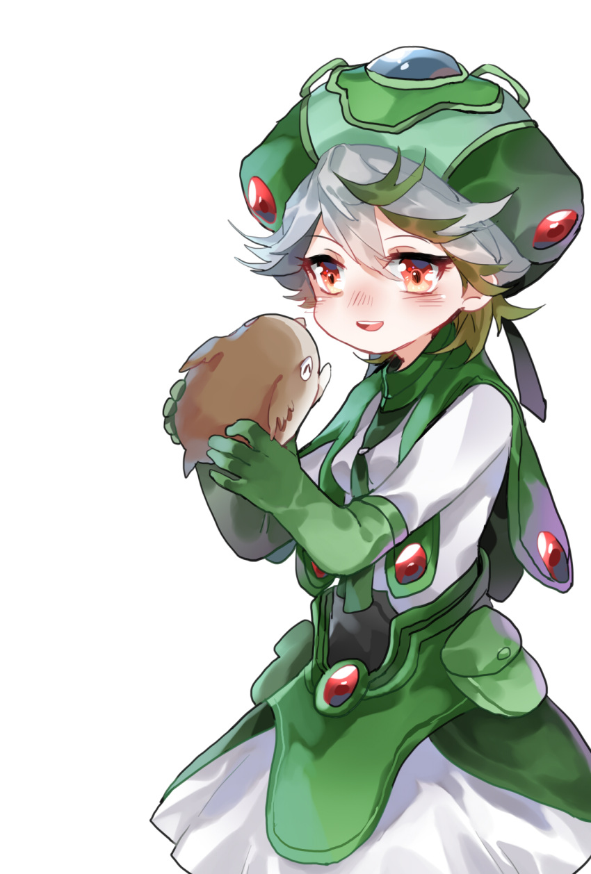 1girl animal blush dress fetonmax gloves green_dress green_hair grey_hair hair_flaps hat highres holding made_in_abyss meinya_(made_in_abyss) multicolored_hair open_mouth pet prushka red_eyes short_hair smile two-tone_hair white_background white_dress