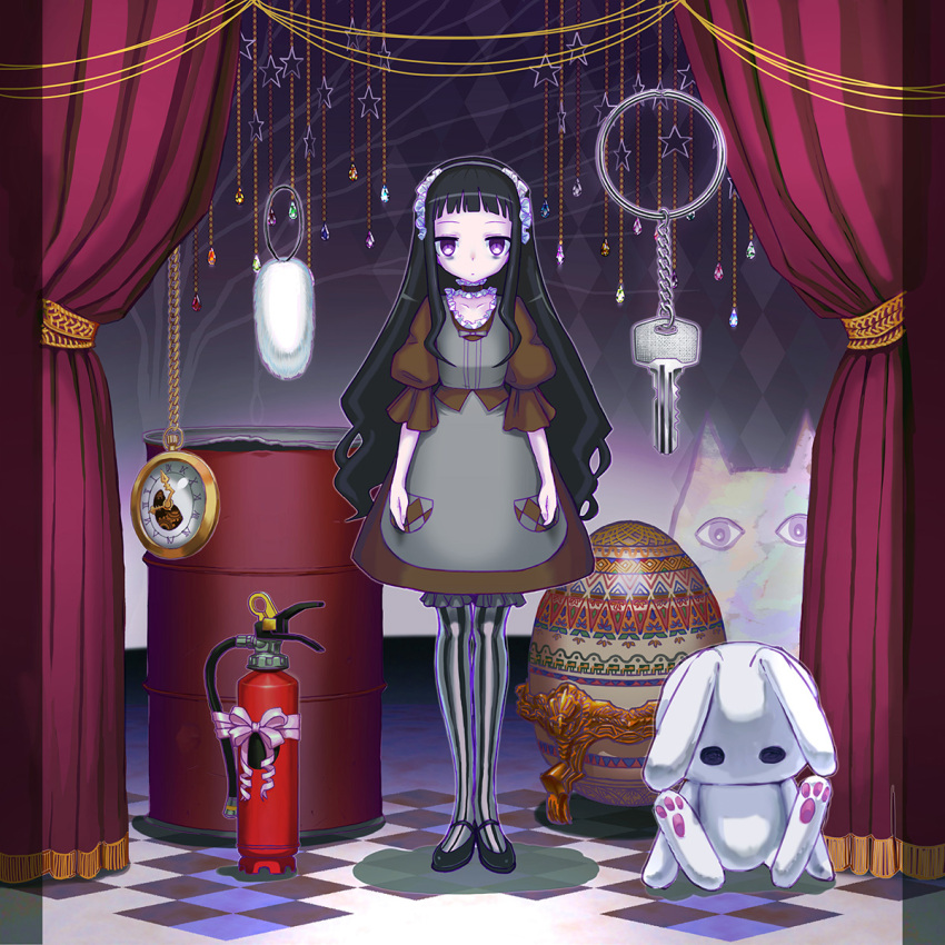 1girl argyle argyle_background arms_at_sides bags_under_eyes bangs barrel black_footwear black_hair blunt_bangs bow brown_dress choker collarbone commentary_request curtains dress faberge_egg fire_extinguisher frilled_choker frills full_body gothic_lolita hairband hardgore_alice hayanye highres key keychain lolita_fashion lolita_hairband long_hair looking_at_viewer mahou_shoujo_ikusei_keikaku mahou_shoujo_ikusei_keikaku_unmarked mary_janes pantyhose pink_bow pink_ribbon pocket_watch puffy_short_sleeves puffy_sleeves rabbits_foot ribbon shadow shoes short_sleeves solo standing star striped striped_legwear stuffed_animal stuffed_bunny stuffed_toy vertical-striped_legwear vertical_stripes very_long_hair violet_eyes watch
