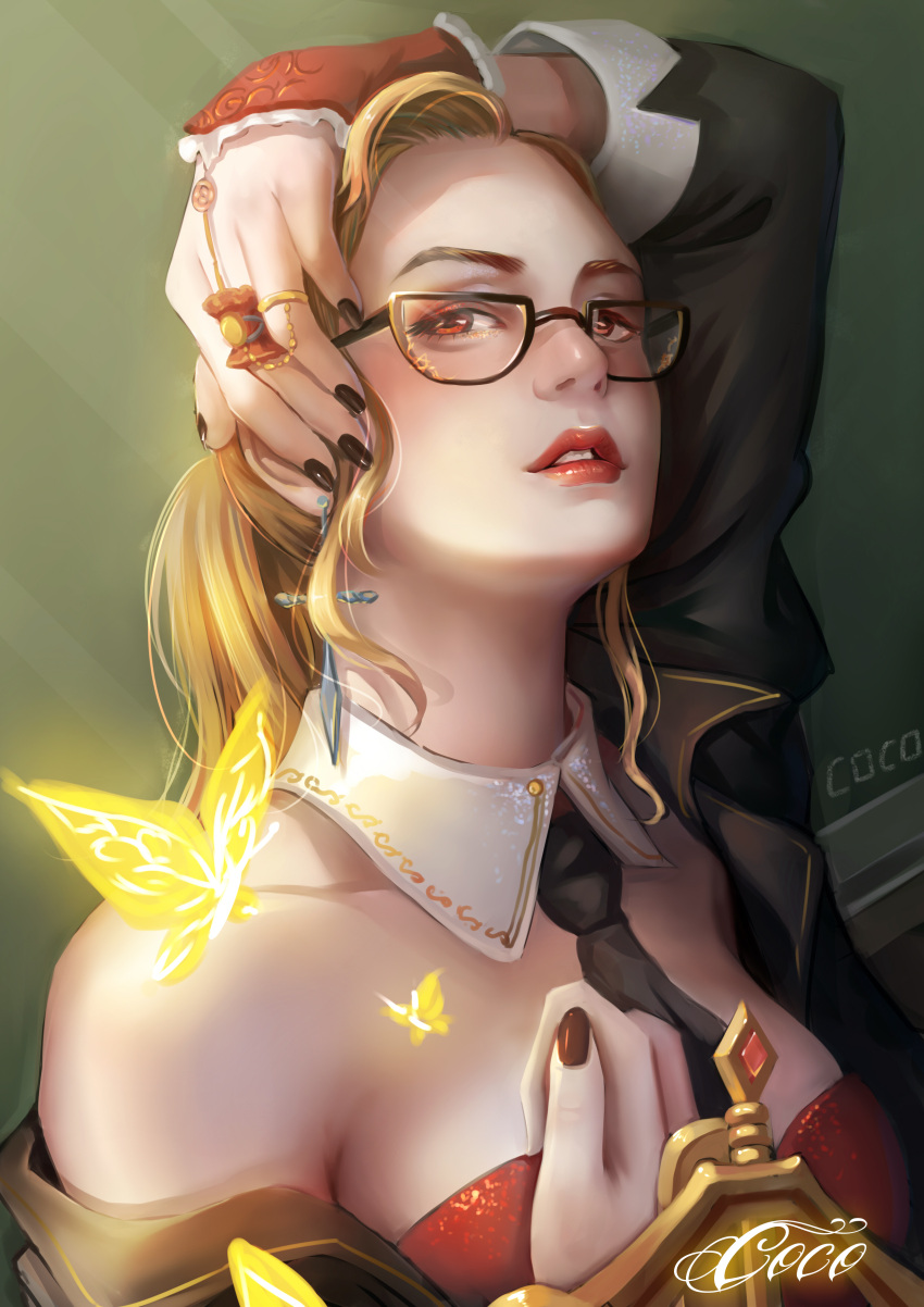 1girl absurdres alternate_hair_color arm_up black_nails blonde_hair breasts cleavage destincelly earrings glasses highres jewelry league_of_legends looking_at_viewer nail_polish parted_lips red_eyes red_nails ring shauna_vayne solo upper_body