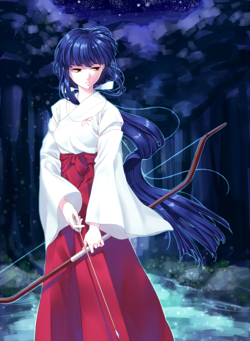 1girl blue_hair bow_(weapon) brown_eyes floating_hair forest hakama highres holding holding_arrow holding_bow_(weapon) holding_weapon inuyasha japanese_clothes kikyou_(inuyasha) kimono long_hair miko namo nature night outdoors red_hakama solo standing very_long_hair weapon white_kimono