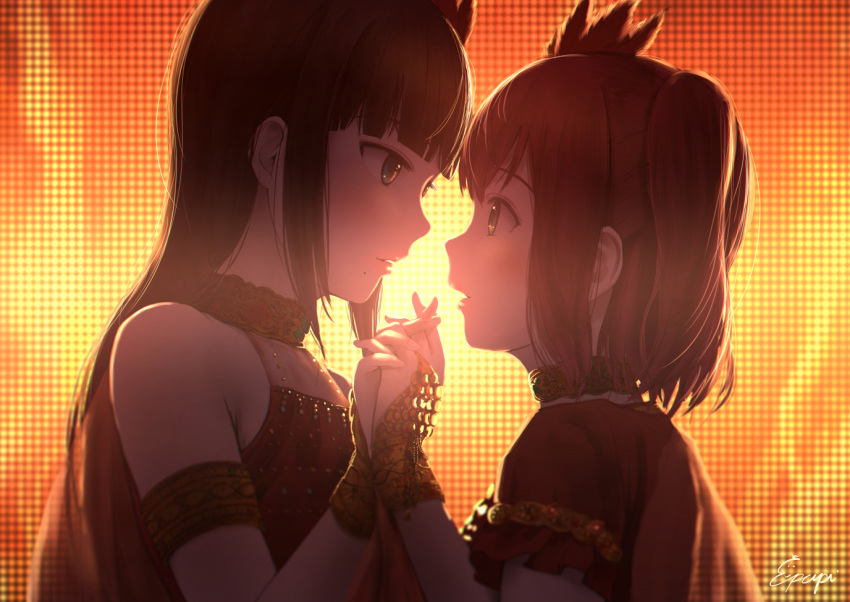 10s 2girls armlet artist_name backlighting bangs bare_shoulders blunt_bangs blush bridal_gauntlets brown_hair choker commentary_request dark dress eye_contact feathers from_side green_eyes hair_feathers hand_holding interlocked_fingers kurosawa_dia kurosawa_ruby long_hair looking_at_another love_live! love_live!_sunshine!! mole mole_under_mouth multiple_girls one_side_up papi_(papiron100) parted_lips profile red_dress redhead short_hair short_sleeves signature sleeveless sleeveless_dress tareme upper_body yuri