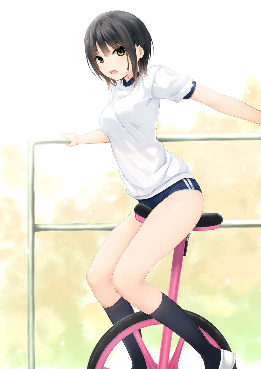 1girl aoyama_sumika bangs black_hair blush brown_eyes buruma coffee-kizoku d: day eyebrows_visible_through_hair gym_shirt gym_uniform highres kneehighs legs looking_at_viewer open_mouth original outdoors shirt short_hair short_sleeves sidelocks solo thighs unicycle white_legwear white_shirt