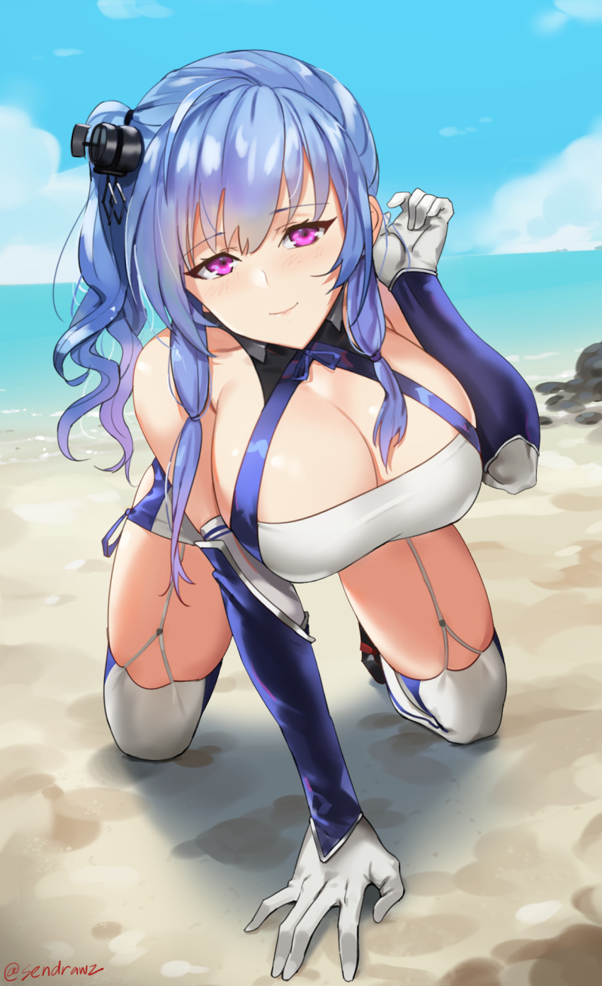 1girl ahoge azur_lane bangs bare_shoulders beach blue_hair blue_sky blush breasts cleavage commentary_request day elbow_gloves eyebrows_visible_through_hair gloves highres large_breasts long_hair looking_at_viewer ocean outdoors sendrawz side_ponytail sidelocks sky smile solo st._louis_(azur_lane) sunlight thigh-highs violet_eyes water wavy_hair white_gloves