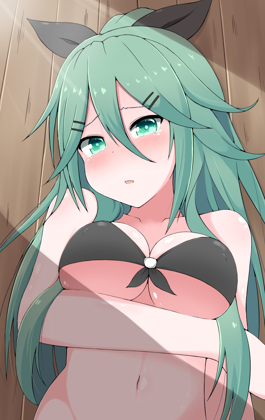 1girl absurdres alternate_costume bikini bikini_top black_bikini breast_hold breasts cleavage collarbone commentary_request crying crying_with_eyes_open green_eyes green_hair hair_ornament hair_ribbon hairclip highres kantai_collection long_hair looking_at_viewer lying medium_breasts navel parted_lips ribbon shade solo swimsuit tears wooden_floor yamakaze_(kantai_collection) yuzutei