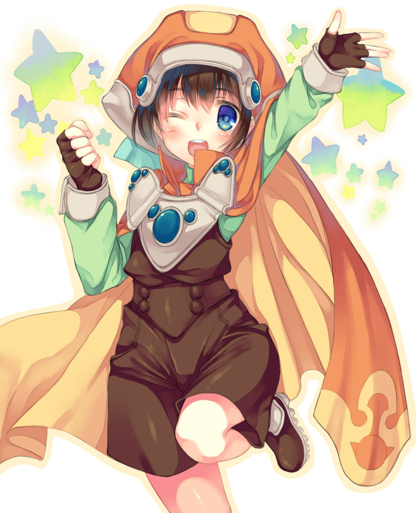 1girl :d ;d arm_up bangs black_gloves blue_eyes blush breastplate brown_footwear brown_hair clenched_hand eyebrows eyebrows_visible_through_hair eyelashes eyes_visible_through_hair facing_viewer fingerless_gloves fingernails gem gloves green_shirt hair_between_eyes hat highres himegi_you leg_up long_sleeves marguerite_fatima one_eye_closed open_mouth orange_cape orange_hat outline pocket popped_collar shirt shoes short_hair simple_background smile solo standing standing_on_one_leg star teeth tongue turtleneck unitard white_background xenogears yellow_outline