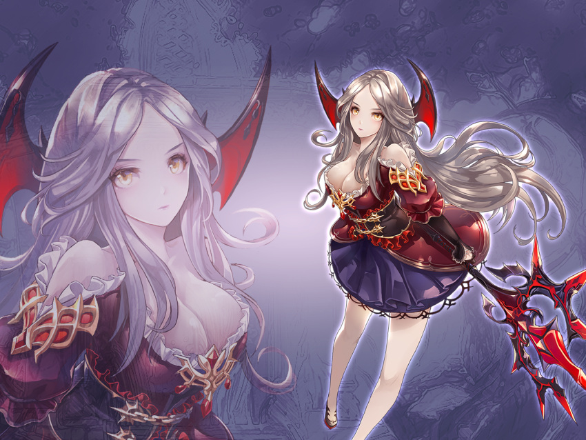 background bare_legs bare_shoulders breasts cleavage corset forehead frilled_sleeves frills glowing glowing_eyes hair_ornament holding holding_spear holding_weapon king's_raid large_breasts lewisia_(king's_raid) long_hair looking_at_viewer official_art ornate_clothing pale_skin polearm serious silver_hair spear vampire weapon white_skin yellow_eyes