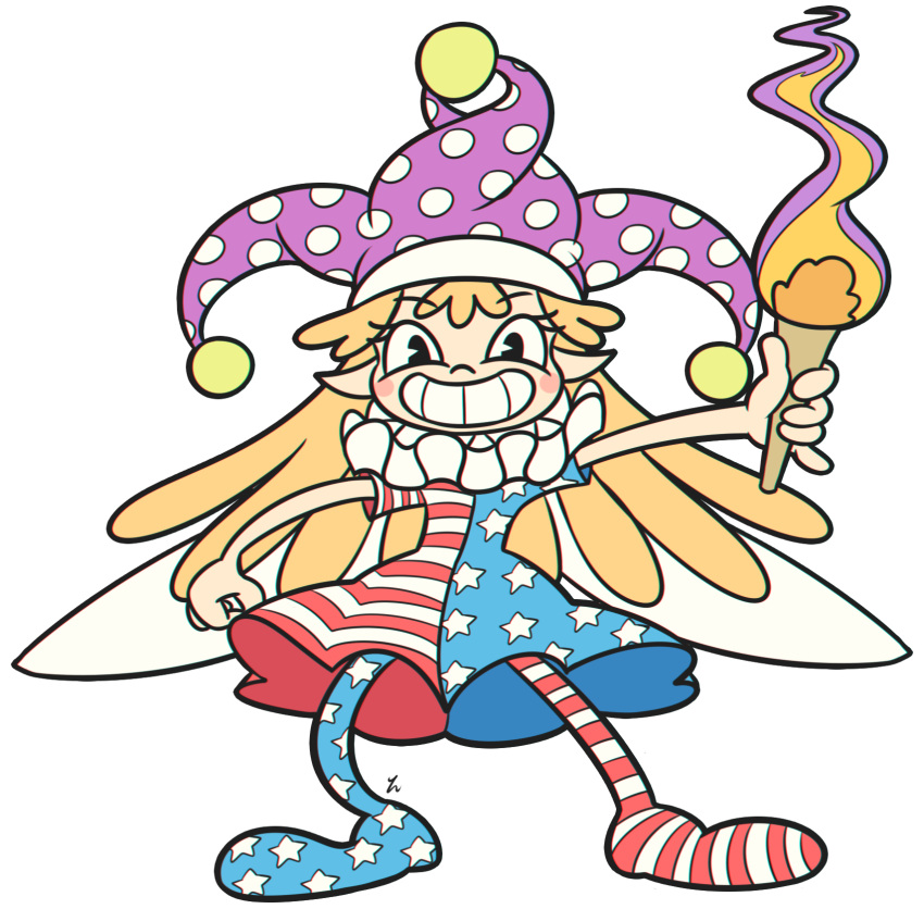 1girl american_flag_dress black_eyes blonde_hair clownpiece commentary cuphead_(game) fairy_wings fire full_body grin hat highres jester_cap long_hair neck_ruff pantyhose parody polka_dot simple_background smile solo star star_print striped style_parody torch touhou white_background wings yatsunote