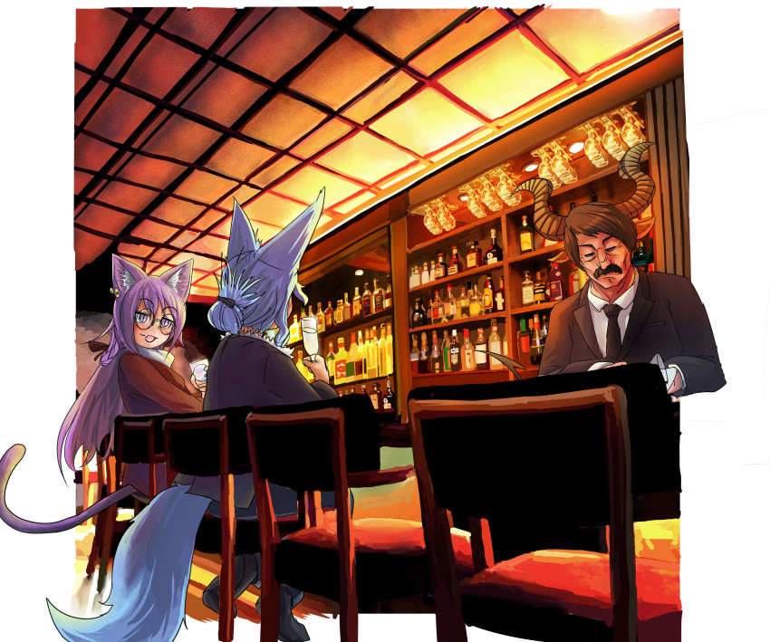 1boy 2girls absurdres alcohol animal_ears bartender black_jacket black_neckwear blue_hair bottle brown_hair cat_ears cat_tail chair collared_shirt commentary_request cup doitsuken drinking_glass earrings eyebrows_visible_through_hair facial_hair facing_another facing_away fang fox_ears fox_tail glasses highres holding holding_glass horns indoors jacket jewelry liquor long_hair long_sleeves multiple_girls mustache necktie open_mouth pants pub purple_hair shelf shirt shoes sitting slit_pupils smile standing tail tied_hair violet_eyes white_shirt wine